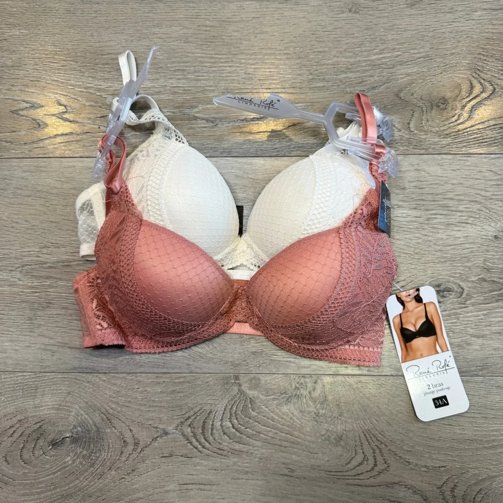 NWT Rene Rofe Lingerie 2 Pack Plunge Push Up Bras Rose Ivory Lace 34A - Picture 2 of 6